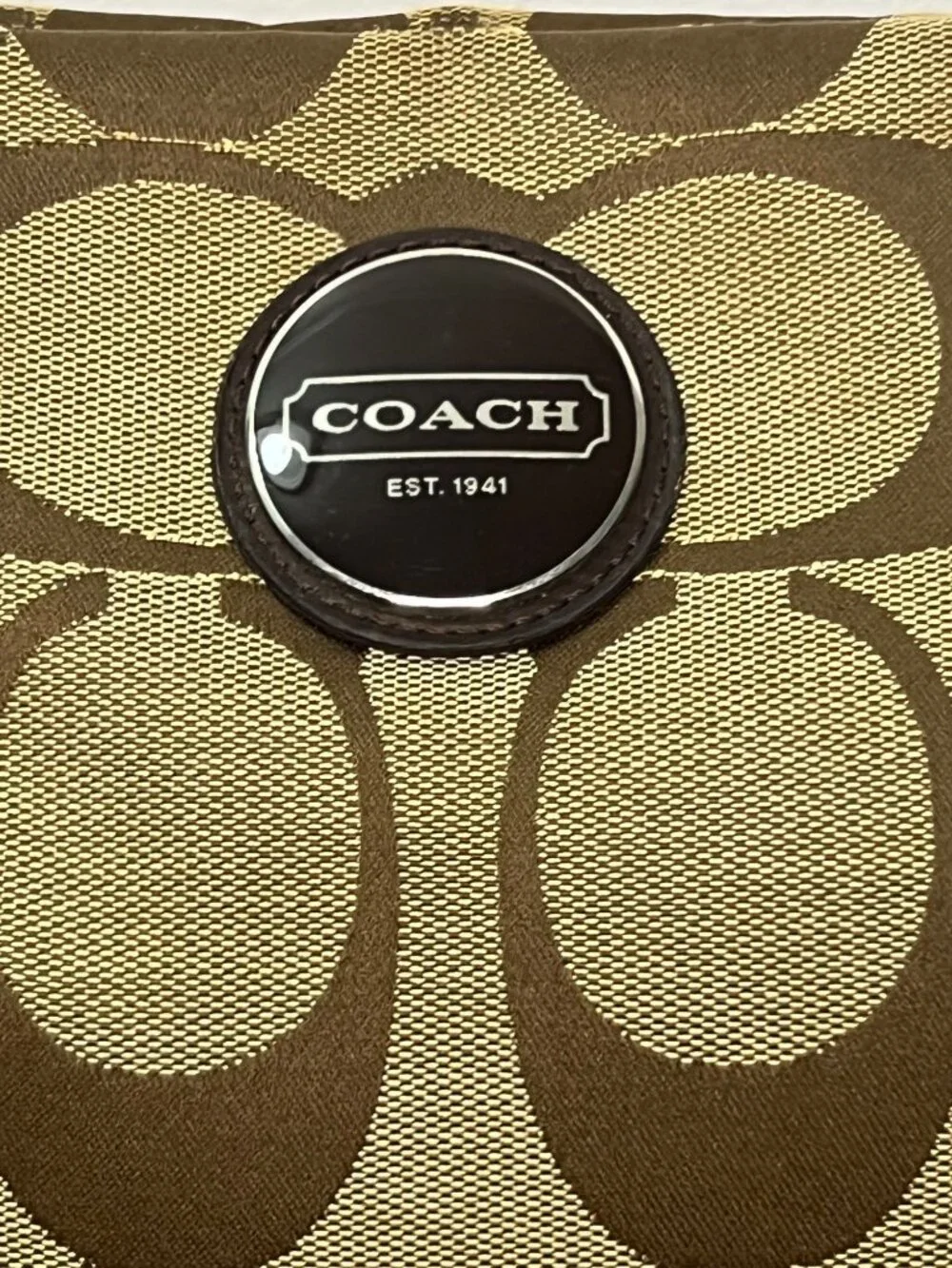 Coach Signature Khaki & Brown Crossbody Bag With Adjustable Strap & Zip Closure